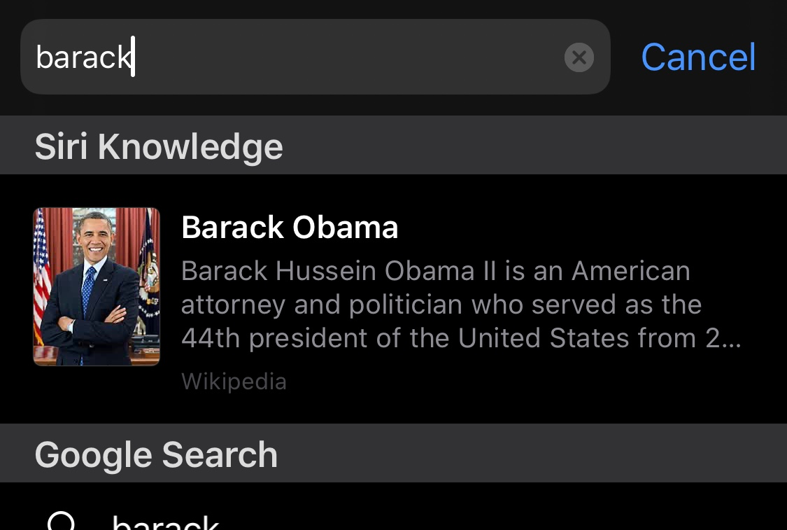 Siri knowledge result for Barack