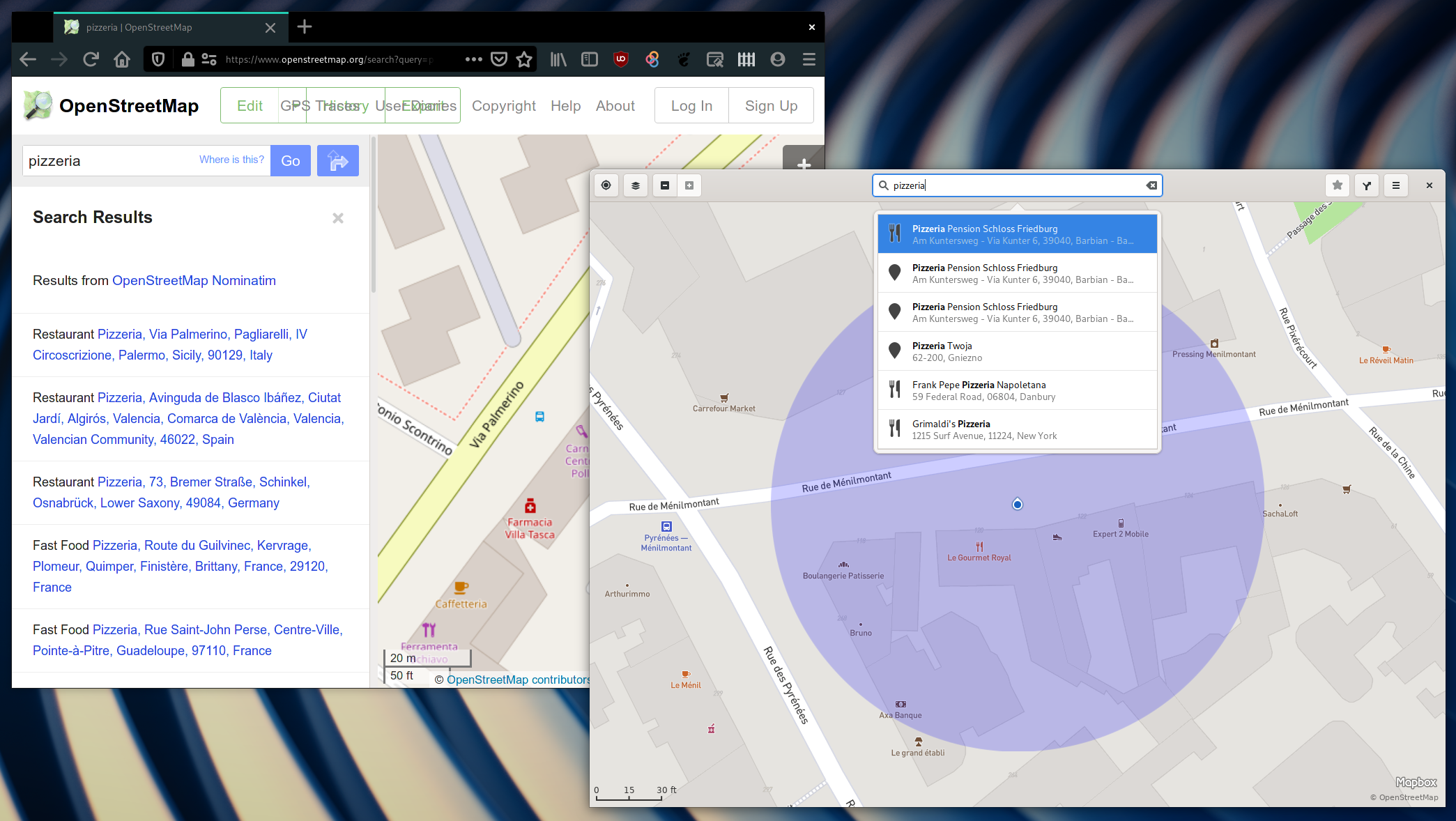 Searching for Pizzeria on OSM.org