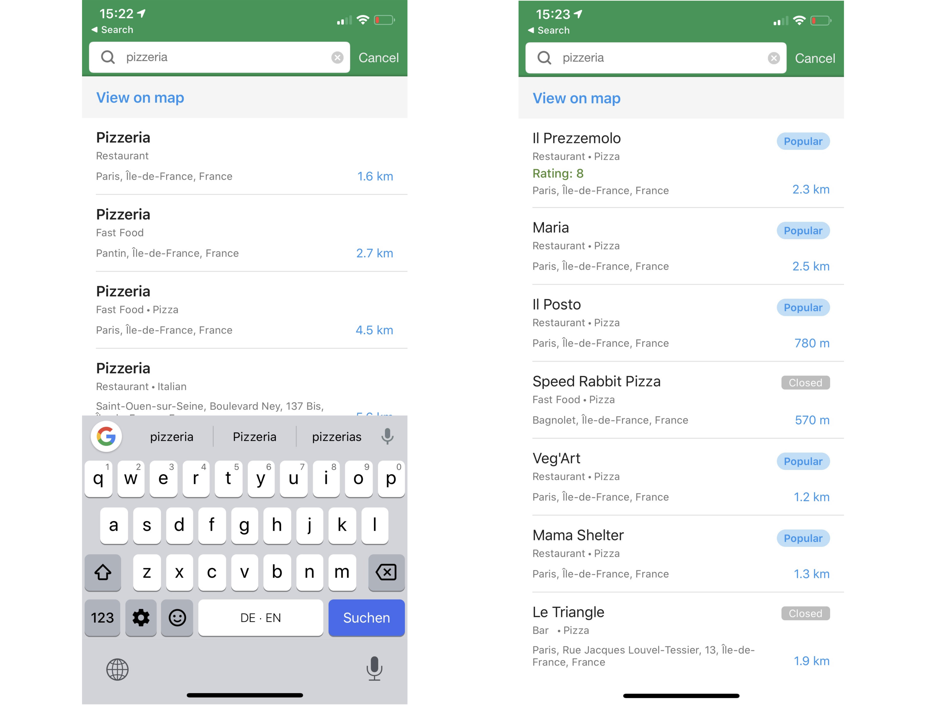 Searching for Pizzeria in the maps.me app